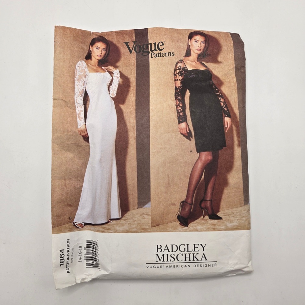 Vogue 1864 Badgley Mischka Dress Pattern 14-16-18 Lace Sleeve Gown Cocktail DIY